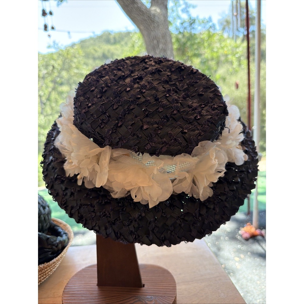 Vintage Straw Hat Delicate Flowers Union Tag 1950-60's Church Luxury Dark Navy 7